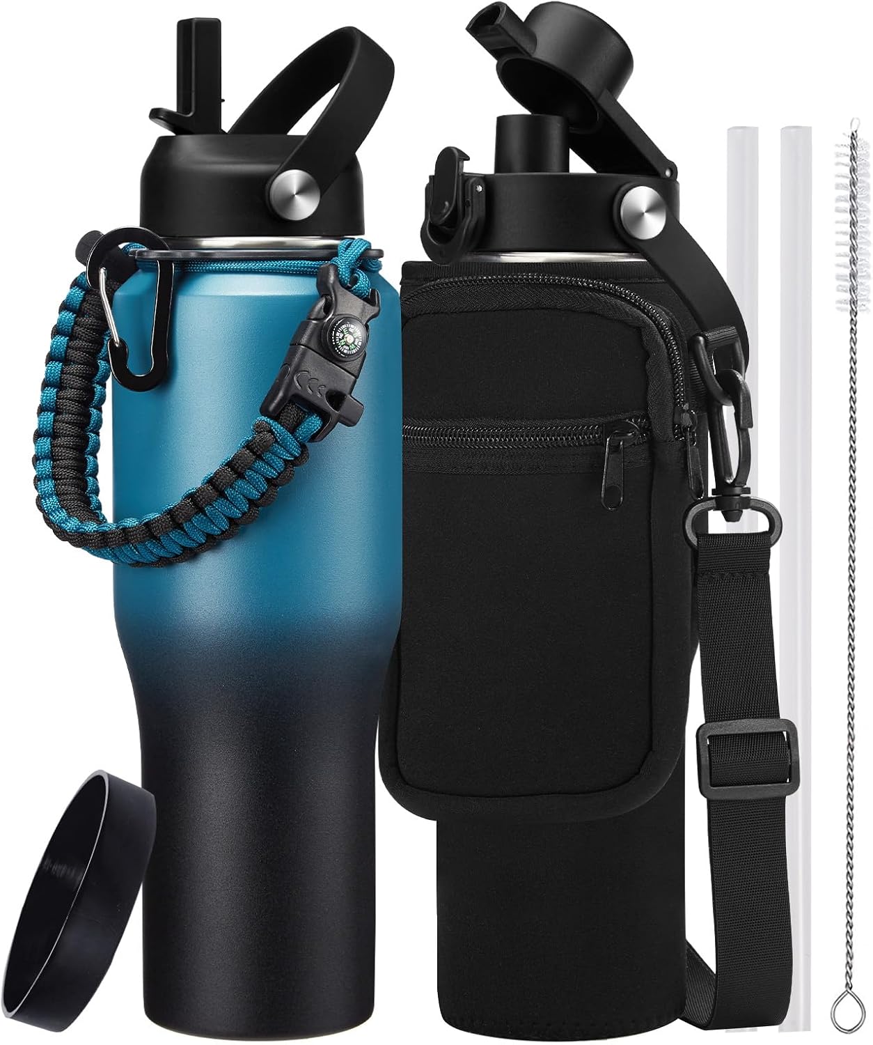 Insulated Water Bottle 40 oz - Fits in any Car Cup Holder, Keep Cold 48H Hot 24H, Stainless Steel Waterbottle Double Wall Flask with Straw, Pop-up Spout Lid, Paracord Handle, Carrier Bag