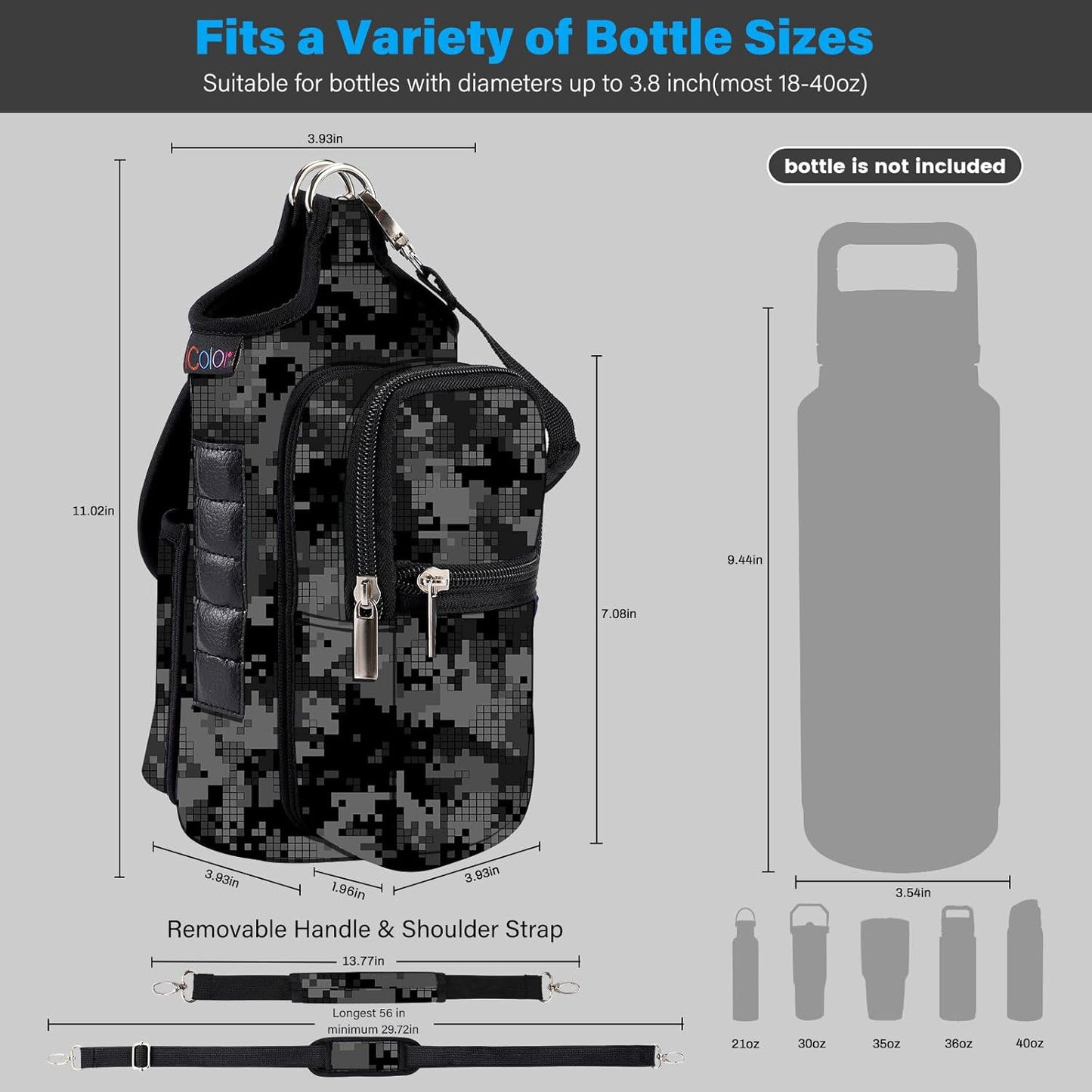 icolor Magnetic Gym Bag Water Bottle Carrier Holder with Phone Pockets & Shoulder Strap,Gym Magnetic Bag 5 Built-in Magnets Gym Accessories Organizer Sling Bottle Bag Pouch Sleeve