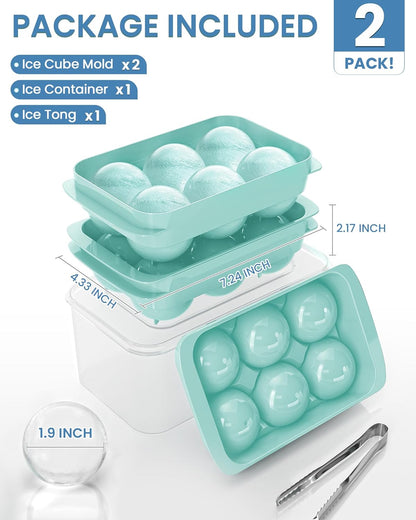 Large Ice Cube Tray for Freezer - 2 Pack Stackable Round Ice Cube Molds Set, Easy to Fill & Release with Storage Bin and Tongs for Kitchen, Party, Cocktail & Coffee, Gifts for Whiskey Lover (1.93In)