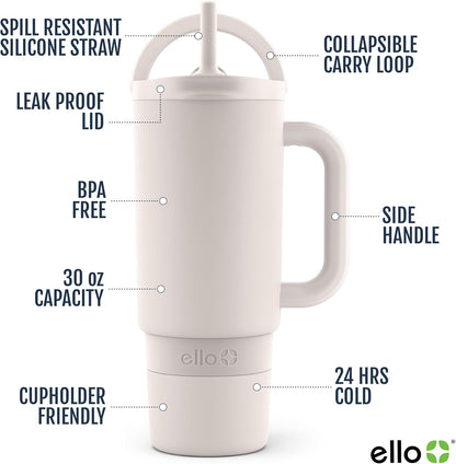 Ello Port 40oz Tumbler with Carry Loop & Integrated Handle, Vacuum Insulated Stainless Steel Reusable Water Bottle, Travel Mug with Leak Proof Lid & Straw, Perfect for Iced Coffee & Tea, White