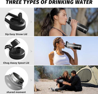 40oz Insulated Water Bottle (Cold for 48 Hrs),BPA Free&Leak Proof,Stainless Steel Water Flask,Water Jug with Straw Spout Lids for Gym,Hiking,Travel,Black Blue