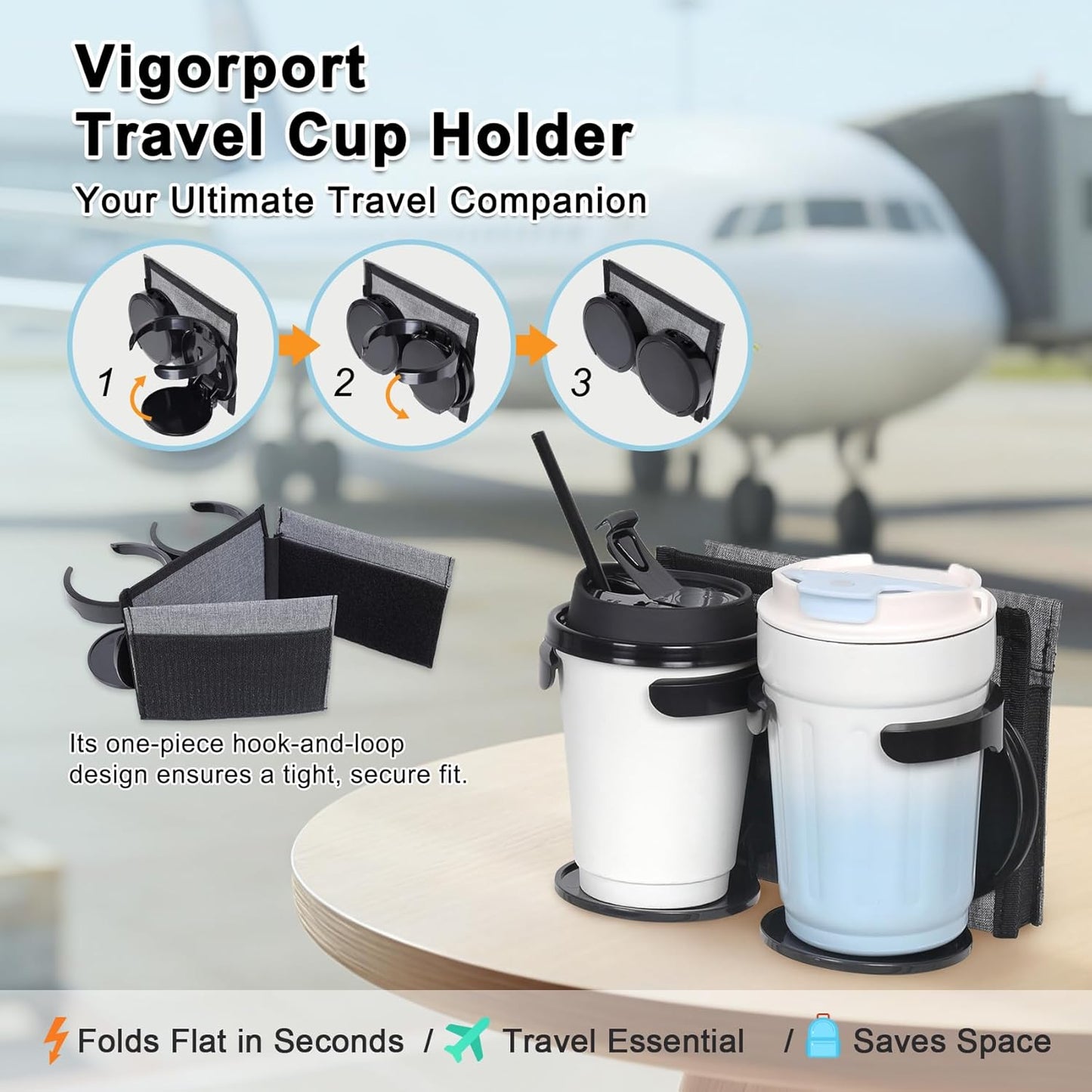 Vigorport Luggage Travel Cup Holder, Folding Drink Caddy for Suitcases - Hold Two Coffee Mugs Traveler Carry on Hands Free Accessory (Hook & Loop)