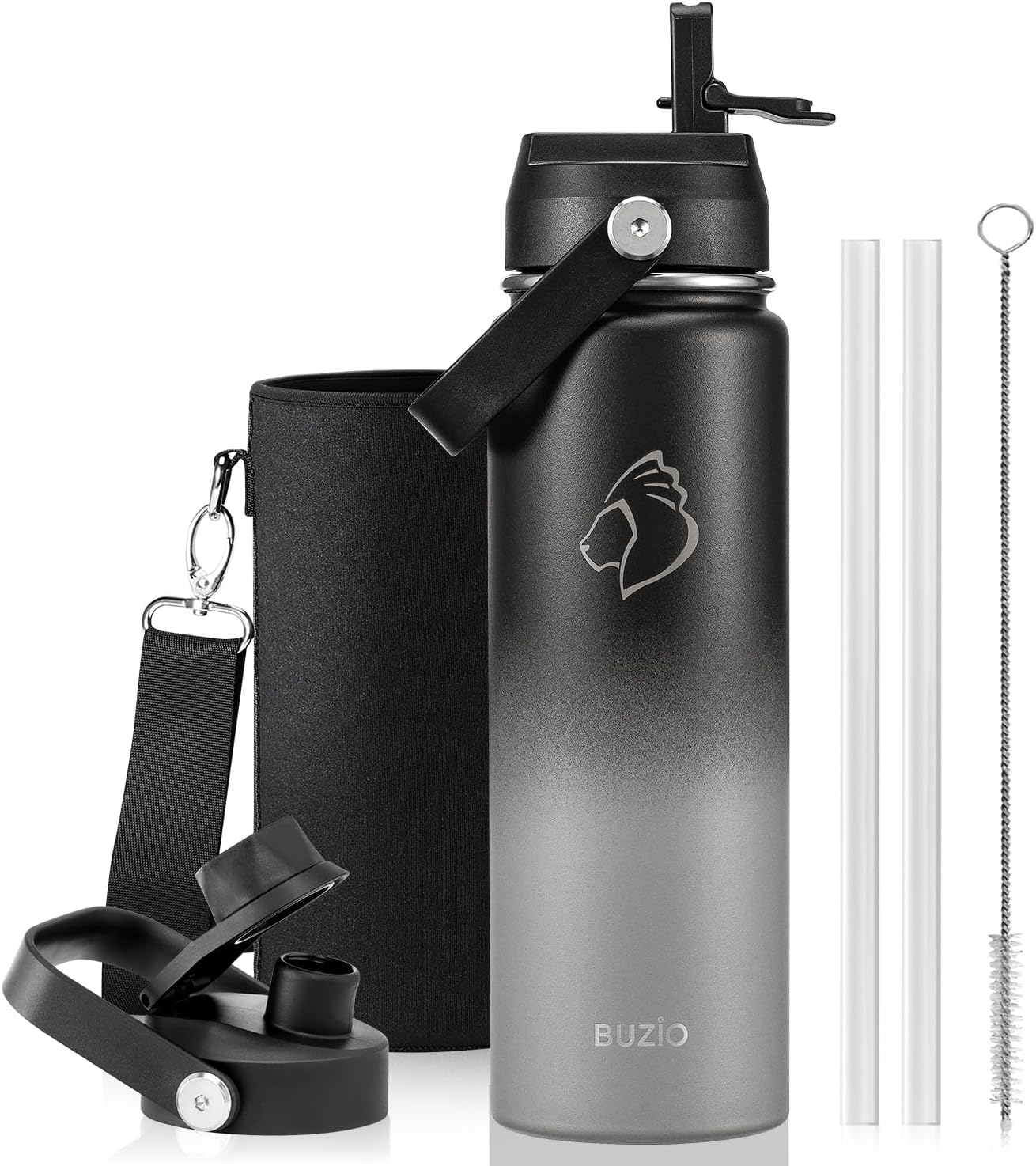 BUZIO 40oz Insulated Water Bottle, Triple Wall Vacuum Stainless Steel Water Flask with 2 lids, Lead-Free BPA-Free Straw Lid Sports Canteen Jug, Cold 48H & Hot 24H- Black - Colors B