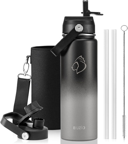 BUZIO 40oz Insulated Water Bottle, Triple Wall Vacuum Stainless Steel Water Flask with 2 lids, Lead-Free BPA-Free Straw Lid Sports Canteen Jug, Cold 48H & Hot 24H- Black - Colors B