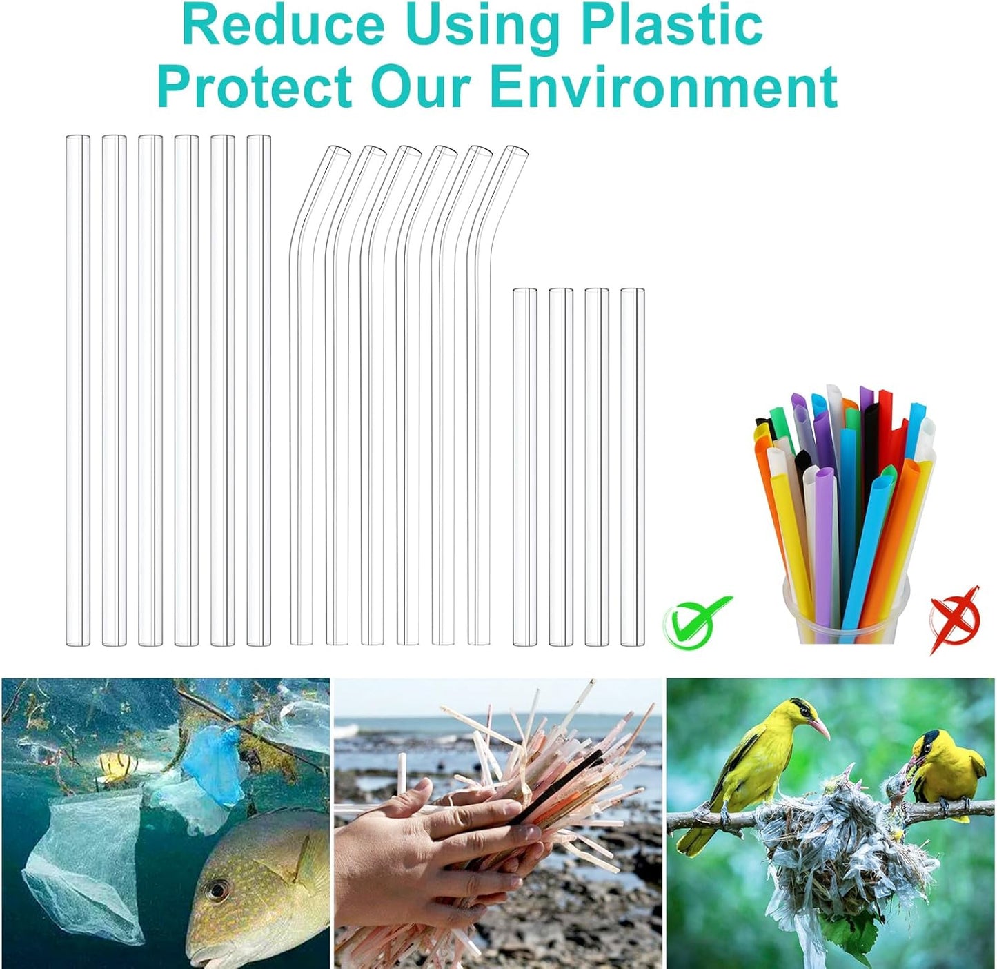 16 Pack Clear Glass Straws Shatter Resistant, Φ10 mm Thick Glass Straws, Family Pack