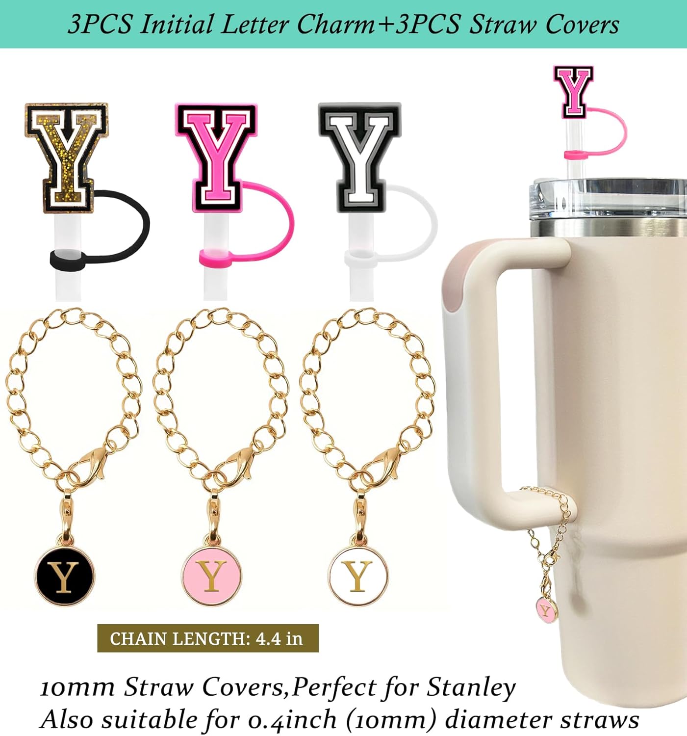 （3 +3) 3PCS Nuozme Straw Cover 10mm For Stanley Tumbler Cup Reusable Straw Cap Topper with 3 Initial Letter Charms Accessories Name ID Personalized Handle Charm For Stanley 30&40 Oz Cup Tumbler - Colors A