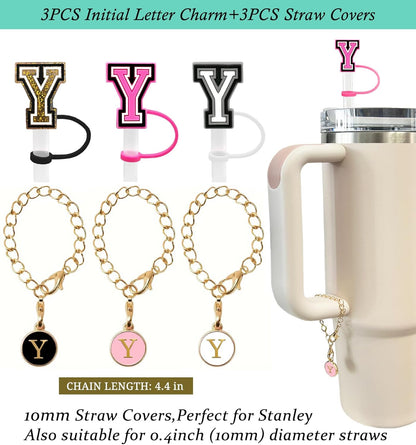 （3 +3) 3PCS Nuozme Straw Cover 10mm For Stanley Tumbler Cup Reusable Straw Cap Topper with 3 Initial Letter Charms Accessories Name ID Personalized Handle Charm For Stanley 30&40 Oz Cup Tumbler - Colors A