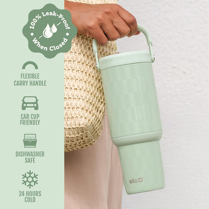 Ello Oasis Go+ 26oz Tumbler with Top Handle and Retracting Straw | Reusable Insulated Stainless Steel Cup, 100% Leakproof Water Bottle, 24 Hours Cold, Cup Holder Friendly For Travel | Wild Rasberry