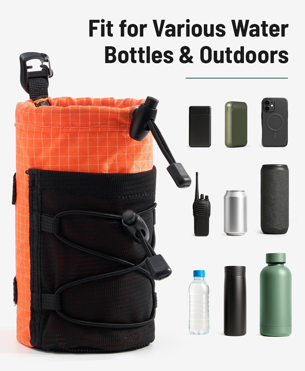 Water Bottle Holder Pouch with Hook Buckle, Backpack Water Bottle Holder Mesh Bag Carrier Fits for 8-24oz Bottles for Hiking, Running, Travel, Outdoor Backpack Accessories & Attachments