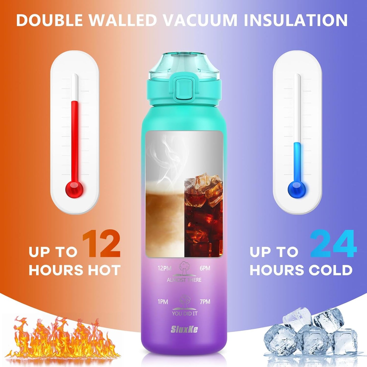 SLUXKE 24oz Insulated Water Bottle 18/10 Stainless Steel with 2Lids(Straw Lid& Spout Lids), 700ml Double Wall Vacuum Water Bottle with Handle Keep Cold and Hot for Men, Women & Kids PURPLE PINK