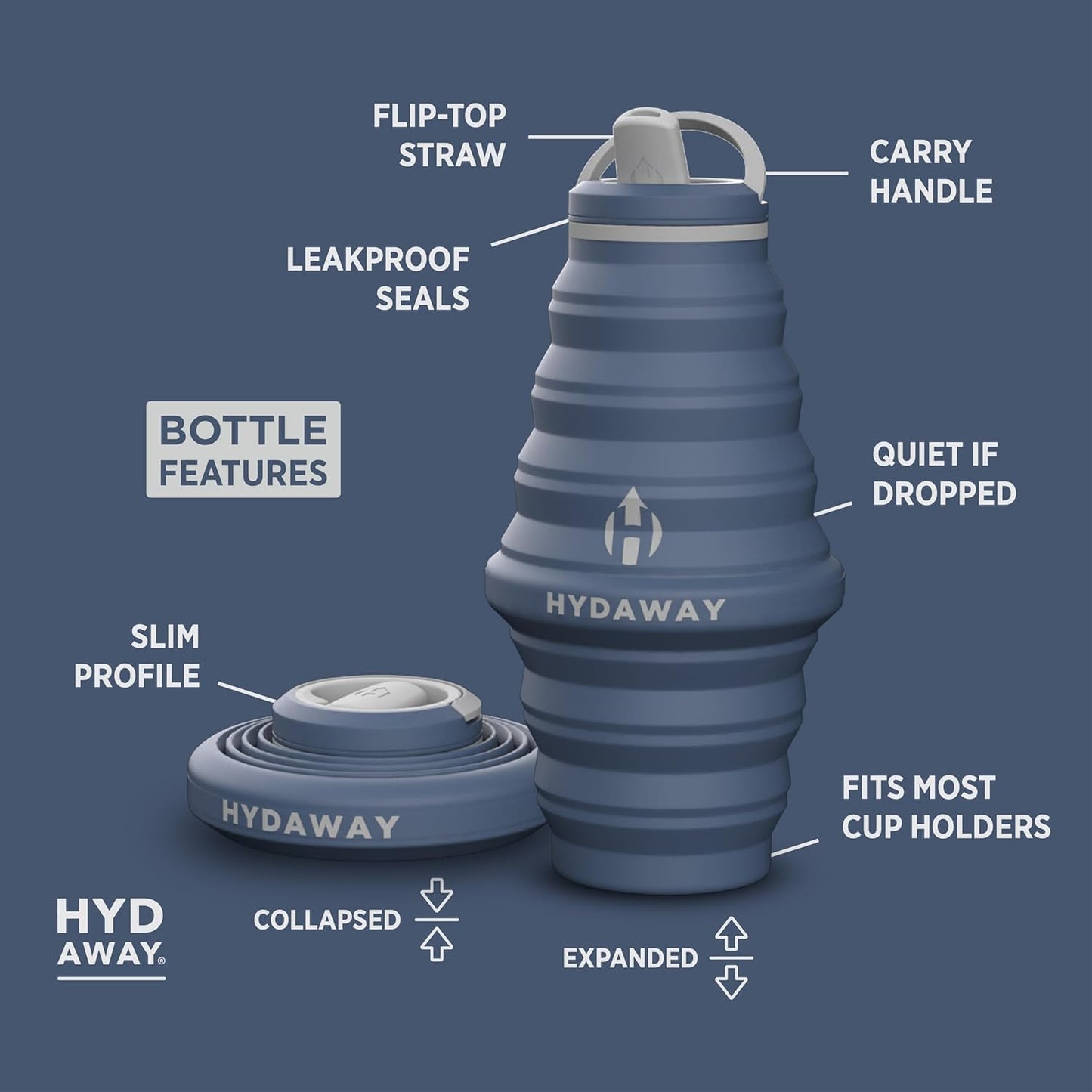 HYDAWAY 25oz Collapsible Travel Water Bottle - BPA-Free, Leakproof, Lightweight, Space-Saving - Perfect for Hiking, Travel, and All-Day Hydration