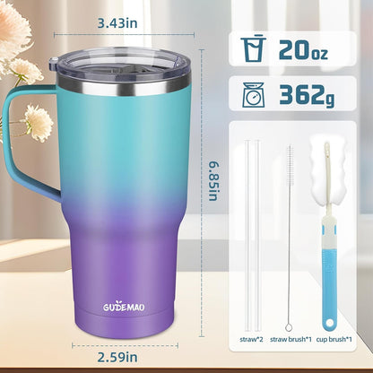 20 oz Insulated Coffee Mug with Ceramic Coating, Stainless Steel Travel Mug Tumbler with Handle Lid and Straw, Double Wall Leak-Proof Coffee Travel Mug Keeps Drink Hot and Cold (Black)