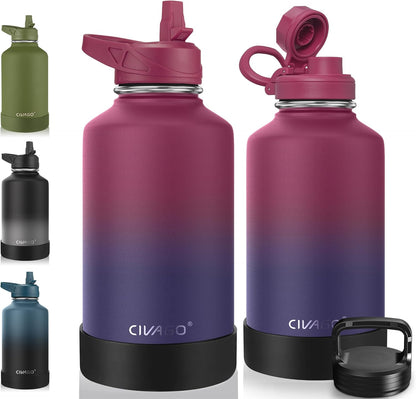 CIVAGO 32 oz Insulated Water Bottle With Straw, Stainless Steel Sports Water Cup Flask with 3 Lids (Straw, Spout and Handle Lid), Wide Mouth Travel Thermal Mug, Black