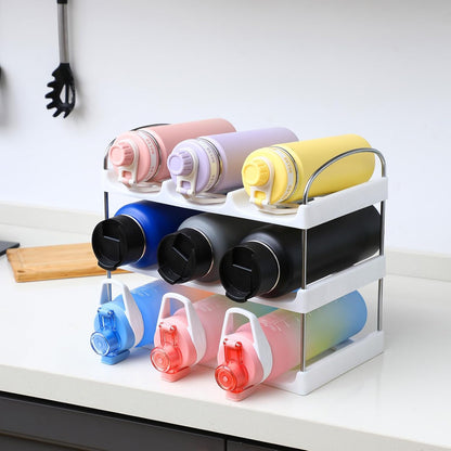 LARGER Compartment - 3 Tier Stackable Water Bottle Organizer Holder - for Stanley 40oz & Others' Large Tumbler - Clear Wine Rack, 12 Cup Bottle Holder for Cabinet Home Countertop Fridge Pantry Shelf