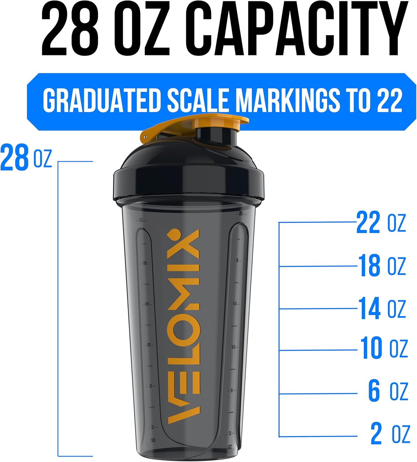 VELOMIX -2 Pack- 28 oz Protein Shaker Bottles for Protein Mixes - 2x Wire Whisk | Leak Proof Shaker Cups for Protein Shakes | Protein Shaker Bottle Pack (Black/Transparent)