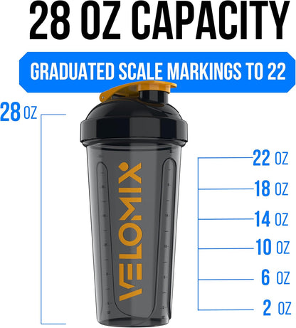 VELOMIX -2 Pack- 28 oz Protein Shaker Bottles for Protein Mixes - 2x Wire Whisk | Leak Proof Shaker Cups for Protein Shakes | Protein Shaker Bottle Pack (Black/Transparent)