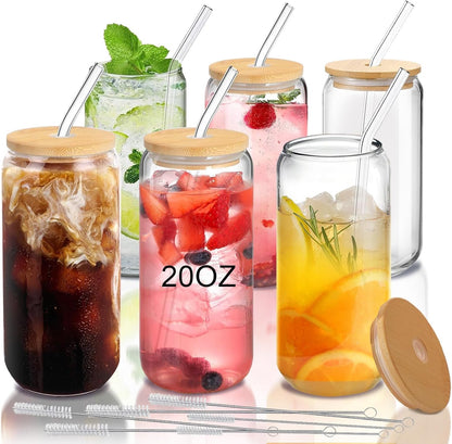 Glass Cups with Lids and Straws Set of 2 - Iced Coffee Cups with Lids for Cold Brew and Beer, 20 oz Can Shaped Glass with Bamboo Lids and Straws - Aesthetic Coffee Bar Gift for Coffee Lovers