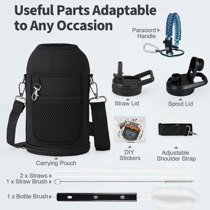 WixByti 40 oz Insulated Water Bottle with Straw (Cold for 36 Hrs), Stainless Steel Triple Wall Vacuum Sports Water Jug, Leakproof Hydro Cup Flask with Paracord Handle & Straw Spout Lids & DIY Stickers