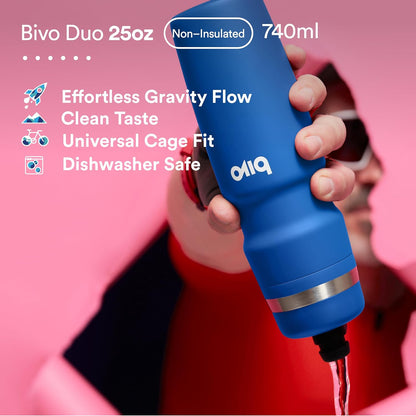 Bivo Duo 25oz Non Insulated Stainless Steel Bike Water Bottle - Lightweight for Cycling, Hiking, Sports - No Plastic Taste, Fits Most Cages, Dishwasher Safe - (Raw)