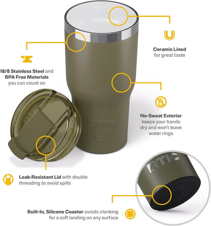 RTIC 20oz Essential Tumbler with Lid, Ceramic Lined, Insulated, Stainless Steel, Metal, Double Wall Vacuum-Insulation, Travel Cup for Iced Coffee, Tea, Hot and Cold Drink, Graphite