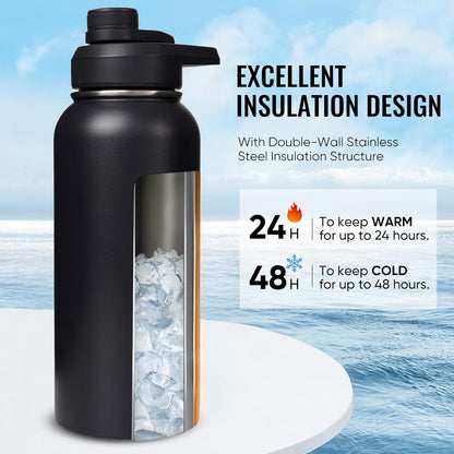 Fijinhom 24 oz Insulated Water Bottle with Handle, 304 Stainless Steel Water Bottles with Wide Mouth, Double Wall Vacuum Sports Water Bottle, BPA Free, Keep Cold and Hot, Black | with Handle