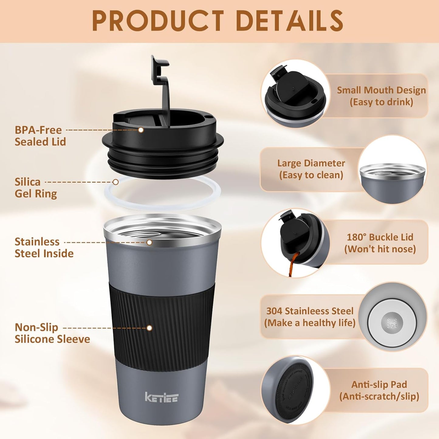 KETIEE Travel Coffee Mug Spill Proof 12oz, Insulated Travel Mug to Go, Reusable Coffee Cup with Seal Lid, Vacuum Stainless Steel Tumbler for Hot/Cold Drinks (Red)