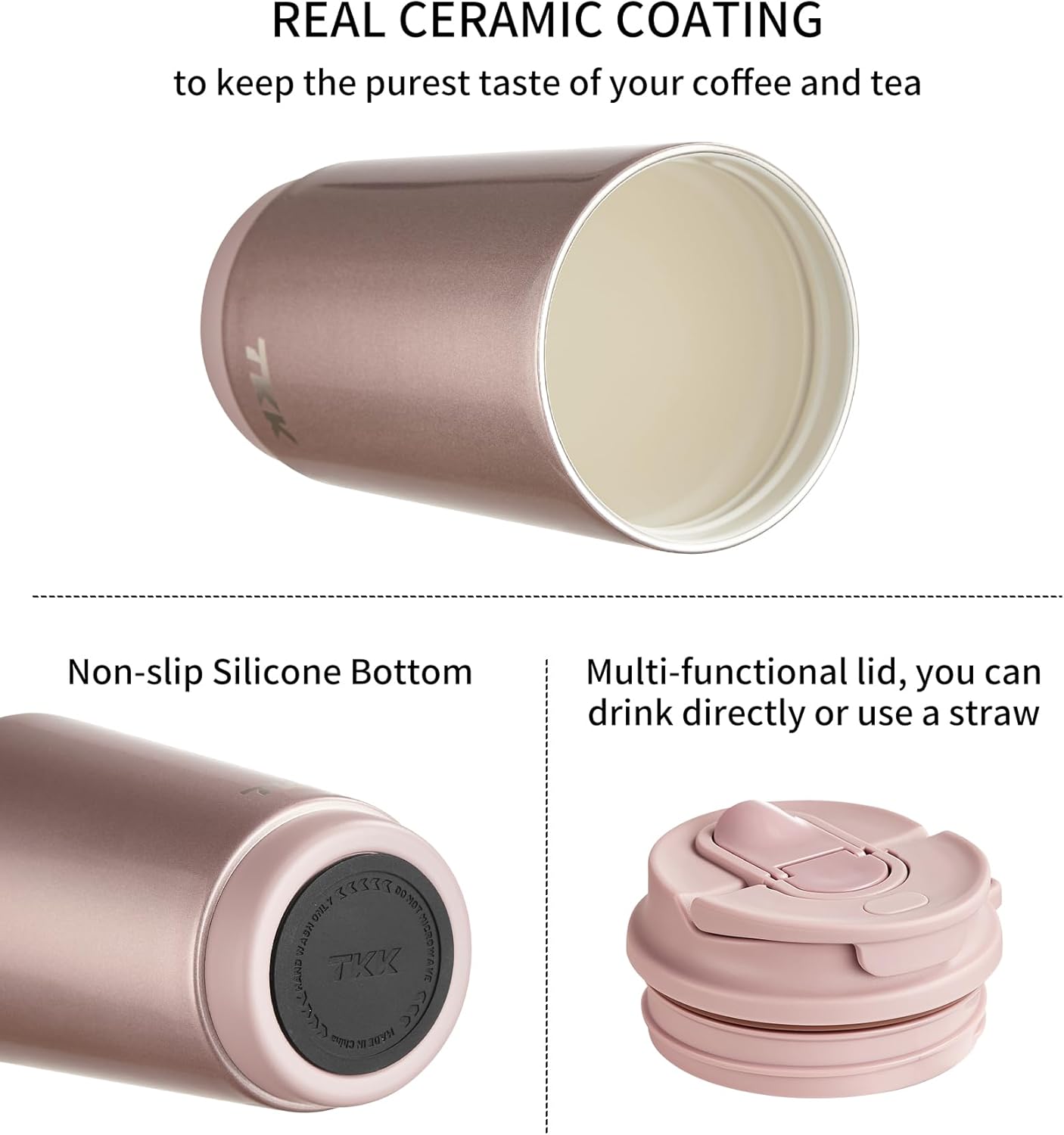 TKK Coffee Cup with Ceramic Coating - 14oz Insulated Stainless Steel Travel Mug, Leak-Proof Tumblers with Straw for Hot/Cold Beverages, Easy Wide Mouth Cleaning, White