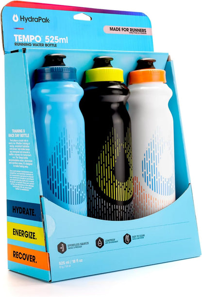 HydraPak Tempo Bottle 3-Pack - Handheld Running Water Bottle (400ml) - Made For Runners, Marathon Training & Race Day, Perfect For Hydration, Electrolyte and Nutrition Mixes