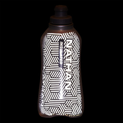 Nathan SpeedDraw 2 Insulated Handheld Running Water Bottle Flask 18oz – Double-Wall Insulation, Ergonomic Grip, Blast Valve Cap, Phone & Key Storage Pockets, Reflective Design