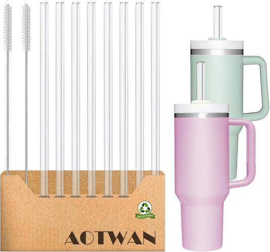 AOTWAN Glass Straws for Stanley 10 Pack 40/30 oz Tumbler,12inch Replacement Straw for Stanley 4 Straight and 4 Bent with 2 Brushesh,Reusable Glass Straws for Stanley Cup