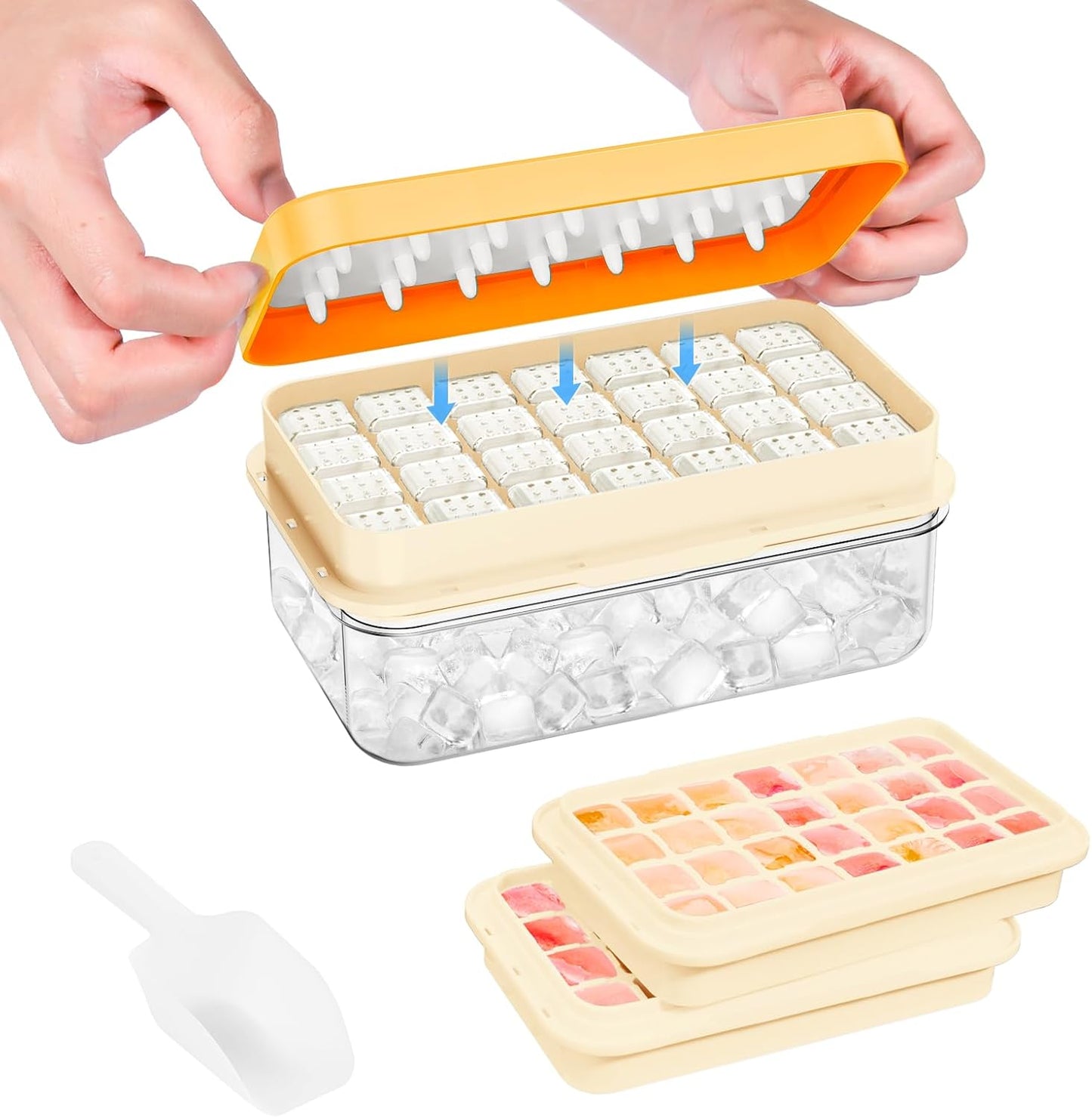 Ice Cube Tray with Lid and Bin, PHINOX 56 pcs Ice Trays for Freezer, Ice Cube Trays for Freezer with 2 trays, Container, Lid & Ice Scoop, BPA Free