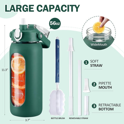 64oz Glass Water Bottles with Straw, Half Gallon Motivational Glass Bottle with Silicone Sleeve and Time Marker, 2L Leakproof Large Glass Water Jug for Gym Home Office,olive