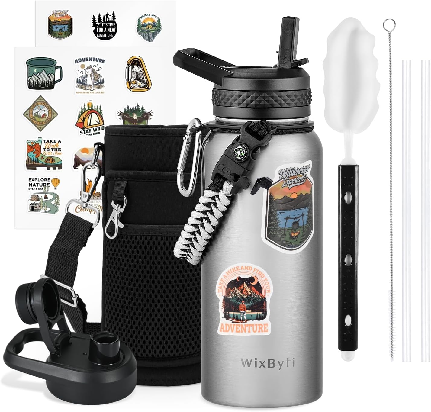 WixByti 40 oz Insulated Water Bottle with Straw (Cold for 36 Hrs), Stainless Steel Triple Wall Vacuum Sports Water Jug, Leakproof Hydro Cup Flask with Paracord Handle & Straw Spout Lids & DIY Stickers