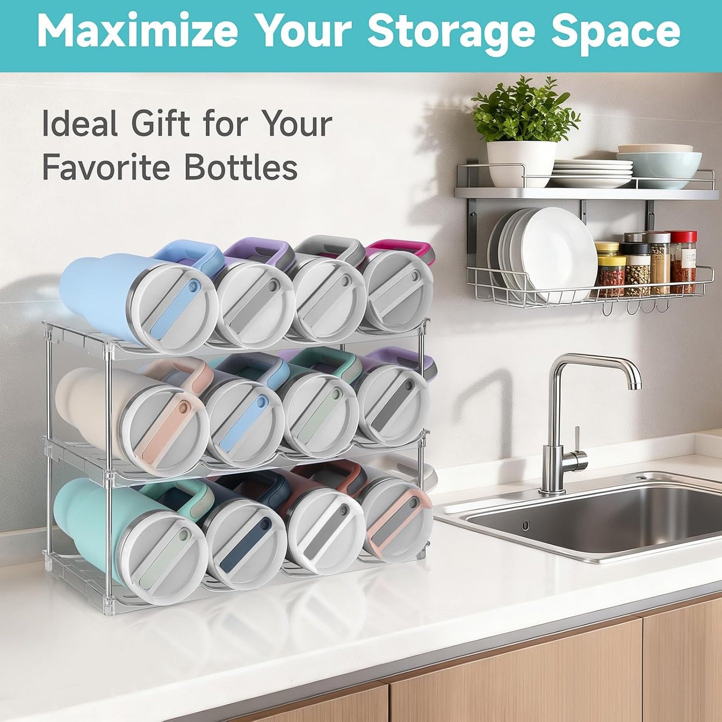Stackable Water Bottle Organizer, Large Compartment Water Bottle Holder for Stanley 40 oz Tumbler, Kitchen Storage Organizer for Stanley Cup Accessories, Tumbler Organizer Wine Rack - Hold 16 Bottles