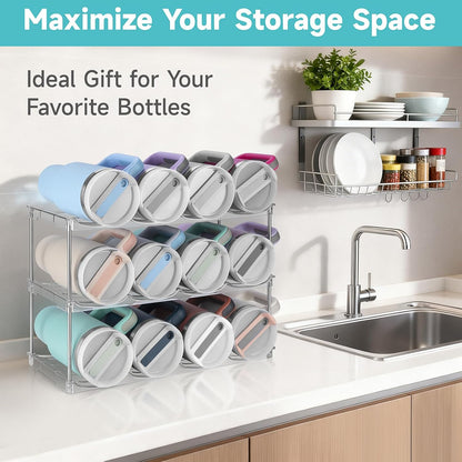 Stackable Water Bottle Organizer, Large Compartment Water Bottle Holder for Stanley 40 oz Tumbler, Kitchen Storage Organizer for Stanley Cup Accessories, Tumbler Organizer Wine Rack - Hold 16 Bottles