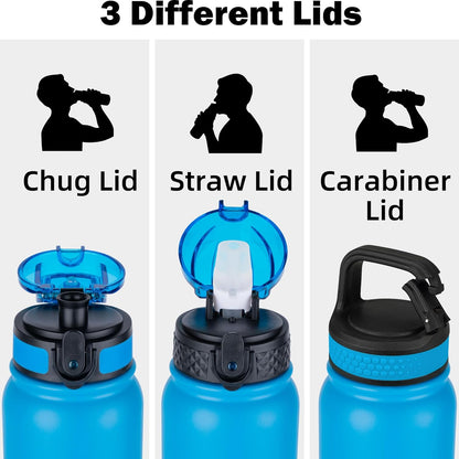 Oldley Insulated Water Bottle 20oz for Adults Kids Stainless Steel Water Bottles with Straw/Chug/Carabiner 3 Lids Fruit Strainer Double Wall Vacuum Wide Mouth BPA Free Leak-Proof for School Travel