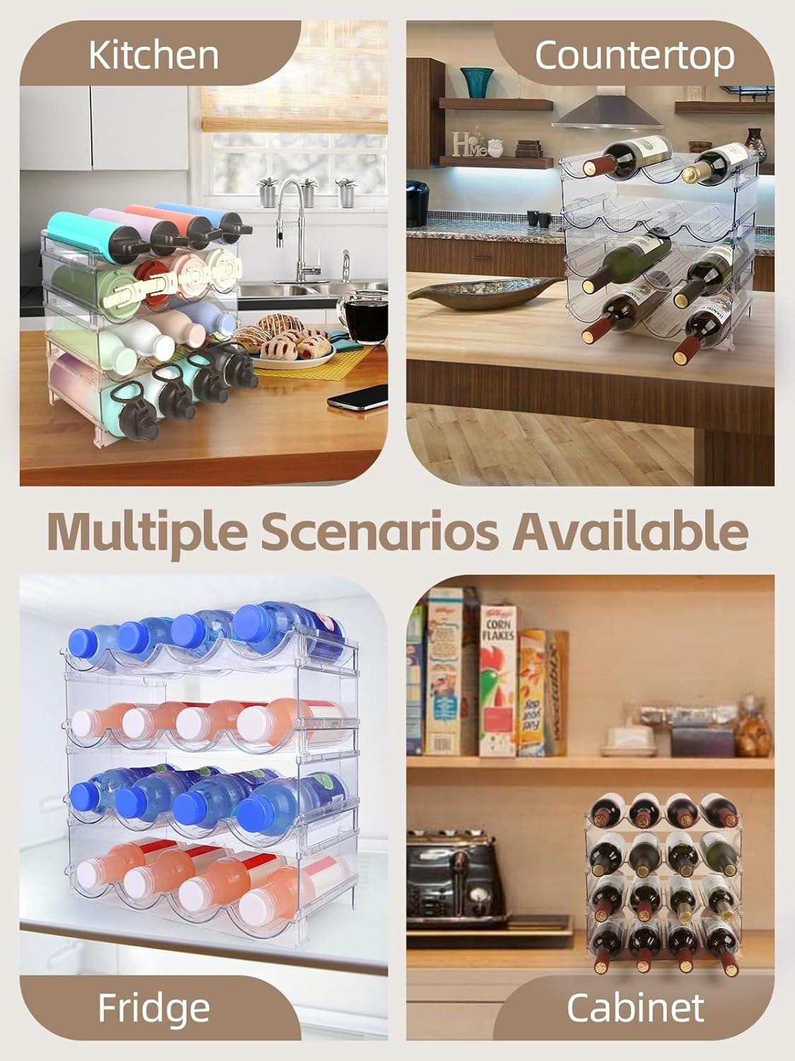 Stackable Water Bottle Organizer, 4-Tier Clear Large Compartment Holder with Stable One-Piece Side-Panel Design, Prevents Tipping & Rolling for Cabinet & Kitchen Storage, Holds 16 Bottles