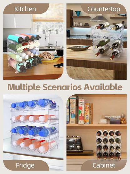 Stackable Water Bottle Organizer, 4-Tier Clear Large Compartment Holder with Stable One-Piece Side-Panel Design, Prevents Tipping & Rolling for Cabinet & Kitchen Storage, Holds 16 Bottles