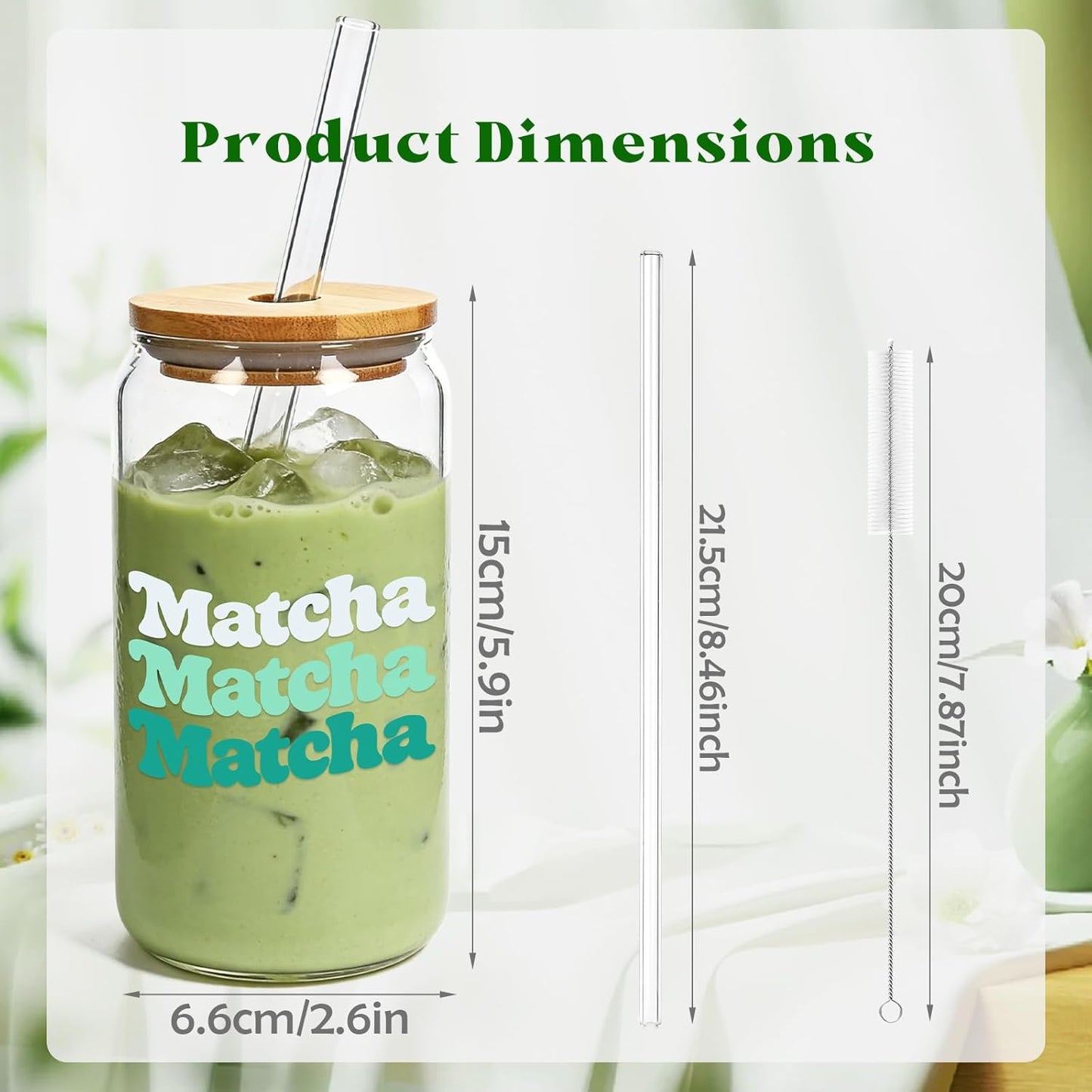 Mason Life Matcha Cup, 18 OZ Cute Glass with Lid and Straw, Matcha Drinking Cup Beer Can Glass for Valentines Day Gift Iced Coffee Smoothie Cocktail Milk Mother's Gifts