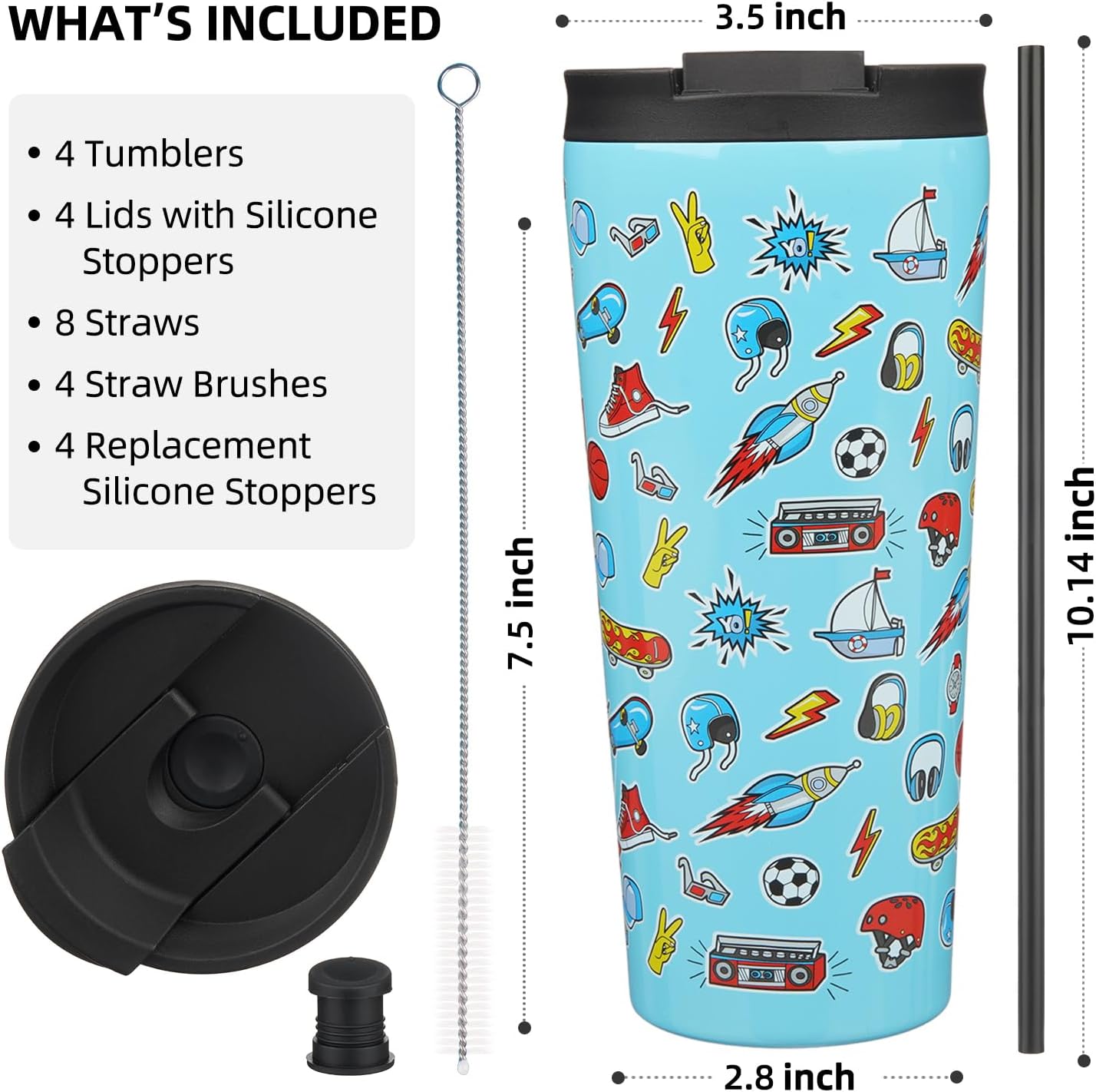 BJPKPK 4 Pack Tumbler with Lid and Straw,30oz Insulated Tumblers Bulk Reusable Travel Coffee Mug, Dishwasher Safe Double Wall Vacuum Insulated Cup Gift for Men Women,Light Blue Leopard
