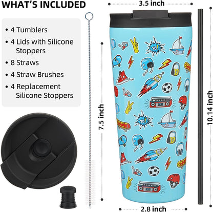 BJPKPK 4 Pack Tumbler with Lid and Straw,30oz Insulated Tumblers Bulk Reusable Travel Coffee Mug, Dishwasher Safe Double Wall Vacuum Insulated Cup Gift for Men Women,Light Blue Leopard