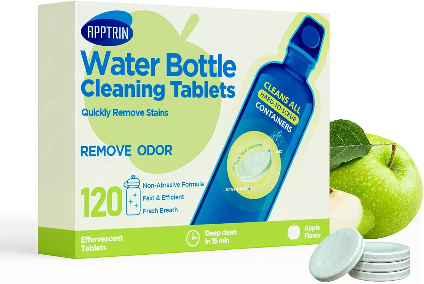 Water Bottle Cleaning Tablets, Bottle Clean Tablet for Hydration Bladders, Stainless Steel, Tumblers, and Glass Bottles, 120 count (Pack of 1), Apple