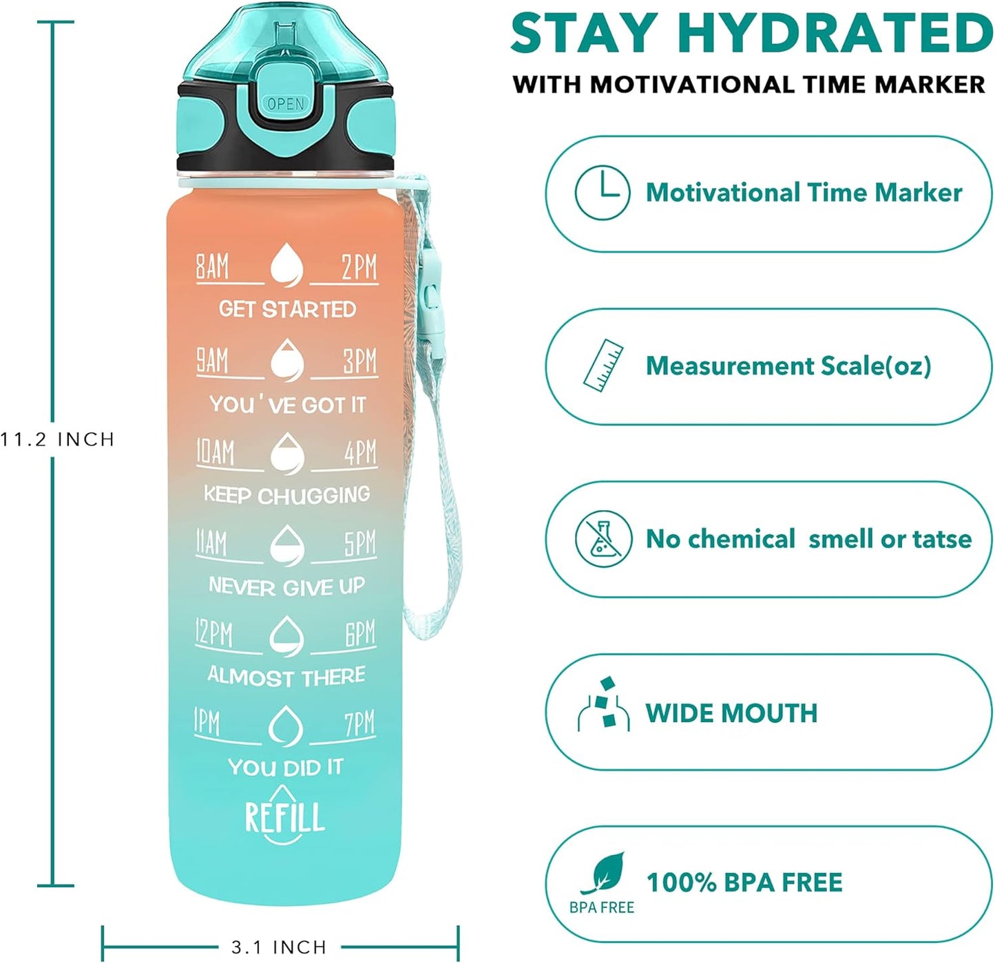 Enerbone 32 oz Drinking Water Bottle with Times to Drink and Straw, Motivational with Carrying Strap, Leakproof BPA & Toxic Free, Ensure You Drink Enough Water for Fitness Gym Outdoor