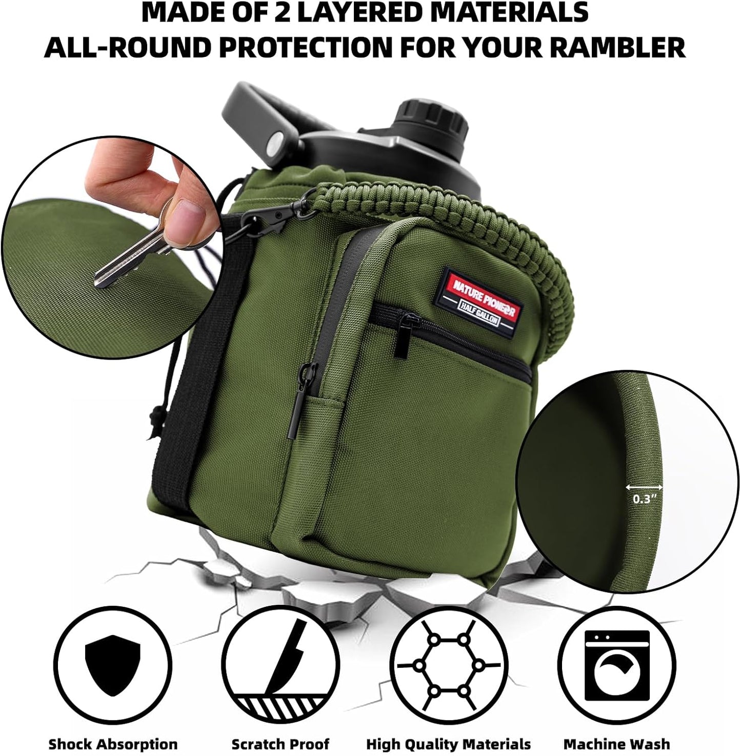 NATURE PIONEOR Water Bottle Holder with Adjustable Strap - Half/One Gallon (64/128oz) Insulated Water Bottle Sling Carrier with Phone Pocket & Paracord Handle, Outdoor Camping, Hiking, Gym