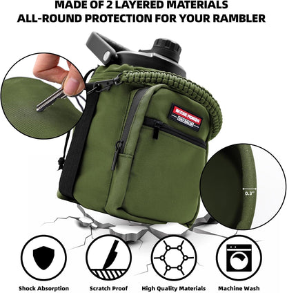 NATURE PIONEOR Water Bottle Holder with Adjustable Strap - Half/One Gallon (64/128oz) Insulated Water Bottle Sling Carrier with Phone Pocket & Paracord Handle, Outdoor Camping, Hiking, Gym