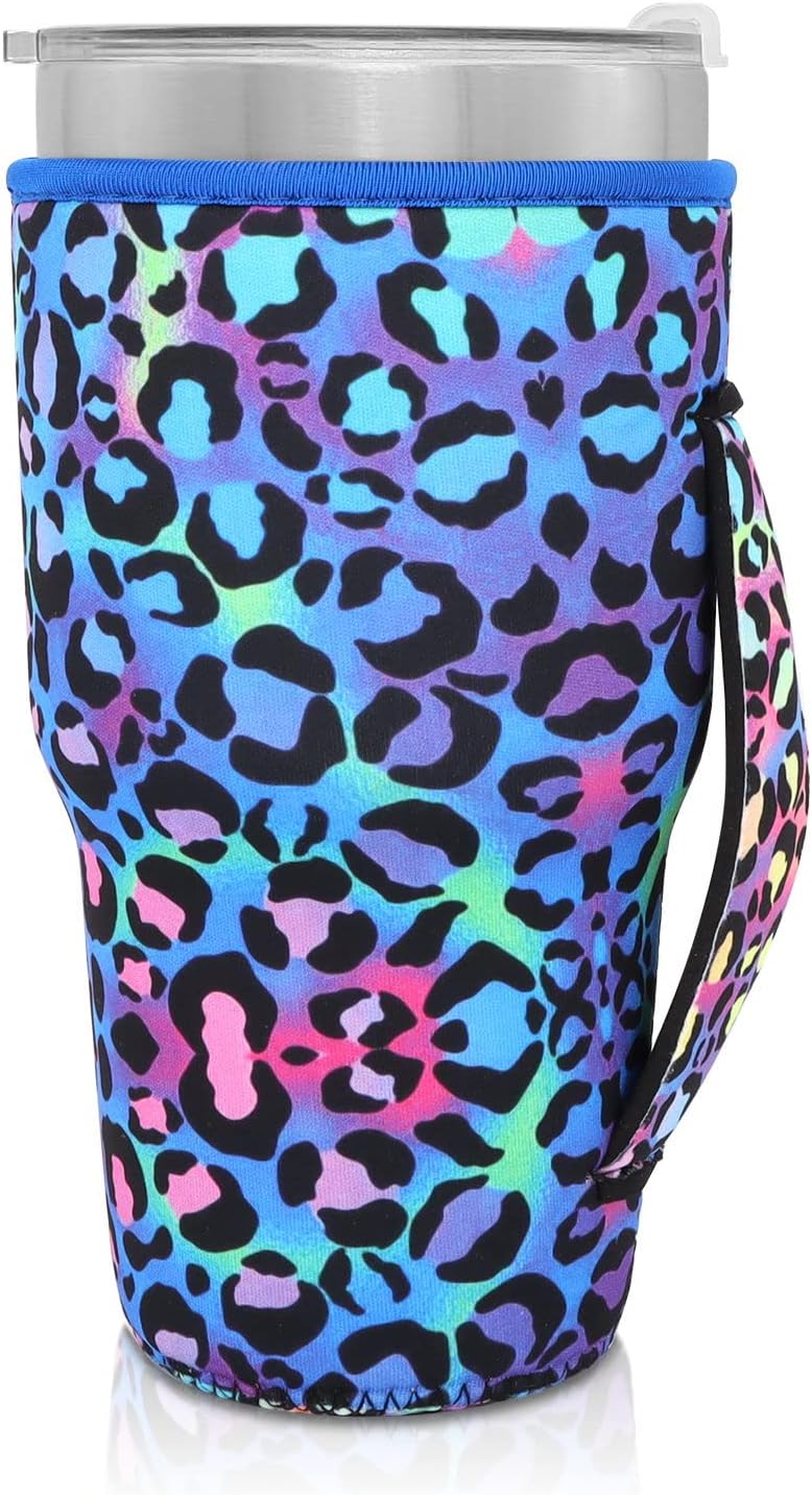 Reusable Iced Coffee Cup Sleeve Neoprene Insulated Sleeves Cup Holder with handle Idea for 30oz - 32oz Tumbler Cups, Protein Shake Bottles(Only Cup Sleeves), Black - Colors A