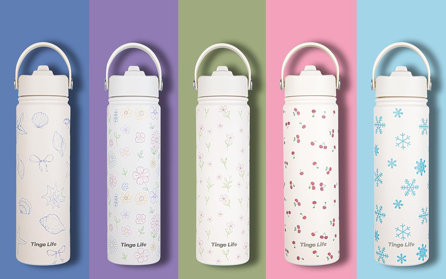 25oz Insulated Stainless Steel Aesthetic Cute Water Bottle - 2 Lids Included (Straw + Sport Handle), Leakproof BPA-Free, Dreamy Cream Cute Floral Design, Perfect Gym/Yoga/Office Companion