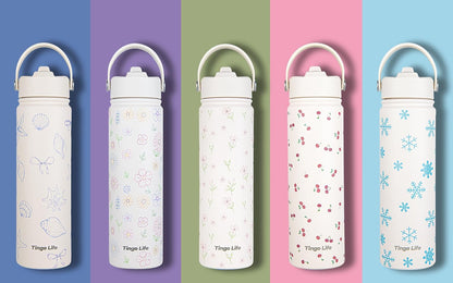 25oz Insulated Stainless Steel Aesthetic Cute Water Bottle - 2 Lids Included (Straw + Sport Handle), Leakproof BPA-Free, Dreamy Cream Cute Floral Design, Perfect Gym/Yoga/Office Companion