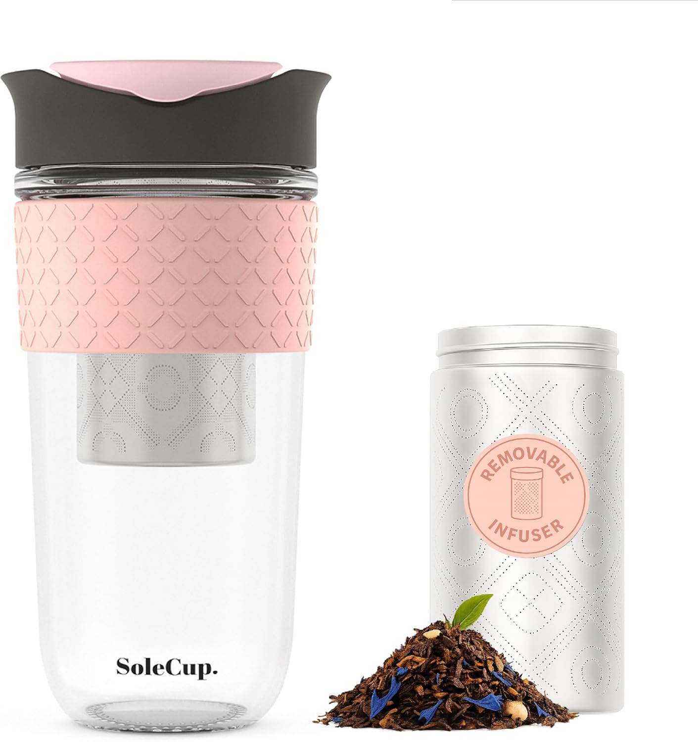 Travel Mug Loose Tea Infuser - Detachable Tea Strainer with Spillproof Lid - BPA-Free Reusable Glass Travel Coffee Cup with Silicone Band (Ice Cream, 12oz)