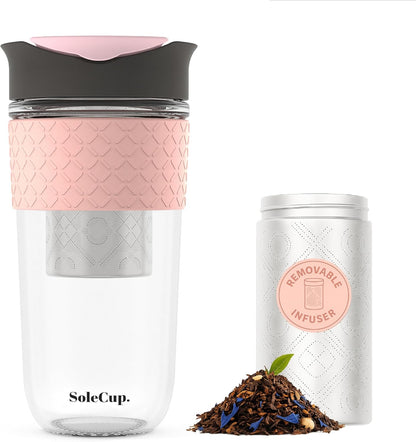 Travel Mug Loose Tea Infuser - Detachable Tea Strainer with Spillproof Lid - BPA-Free Reusable Glass Travel Coffee Cup with Silicone Band (Ice Cream, 12oz)